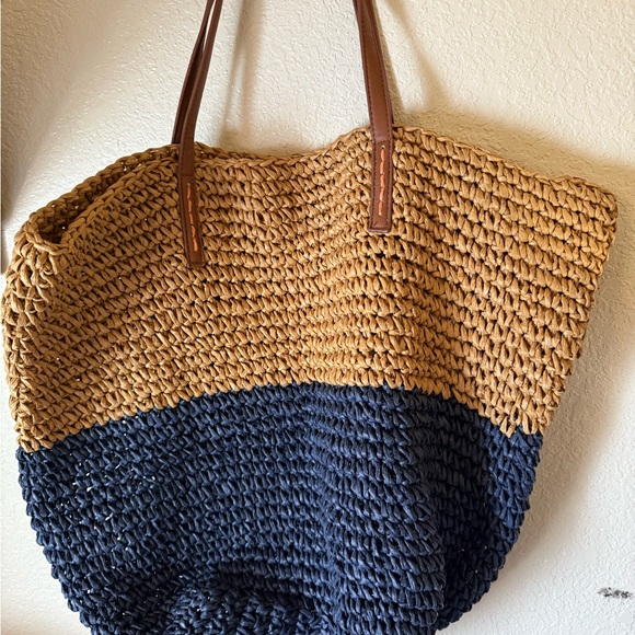 Two-Tone Straw Tote Bag with Leather Handles - Picture 3 of 4